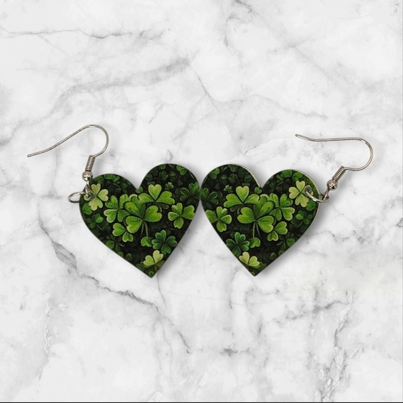 Heart Shaped Shamrock Green Acrylic Earrings - Picture 1 of 4